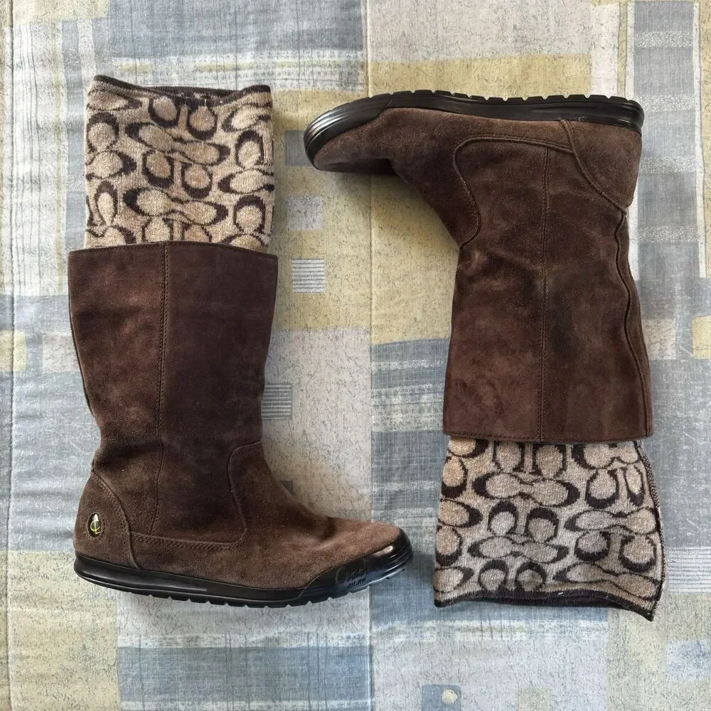 Coach Tatum Brown Genuine Suede Signature Wool Logo Cuff Women Boots Sz 6M